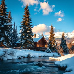 A serene winter landscape featuring a cozy wooden cabin nestled amidst tall evergreen trees covered in snow, with warm golden light emanating from the cabin's windows