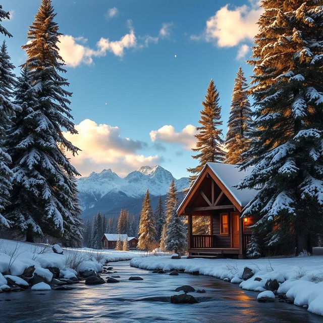A serene winter landscape featuring a cozy wooden cabin nestled amidst tall evergreen trees covered in snow, with warm golden light emanating from the cabin's windows