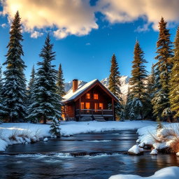 A serene winter landscape featuring a cozy wooden cabin nestled amidst tall evergreen trees covered in snow, with warm golden light emanating from the cabin's windows