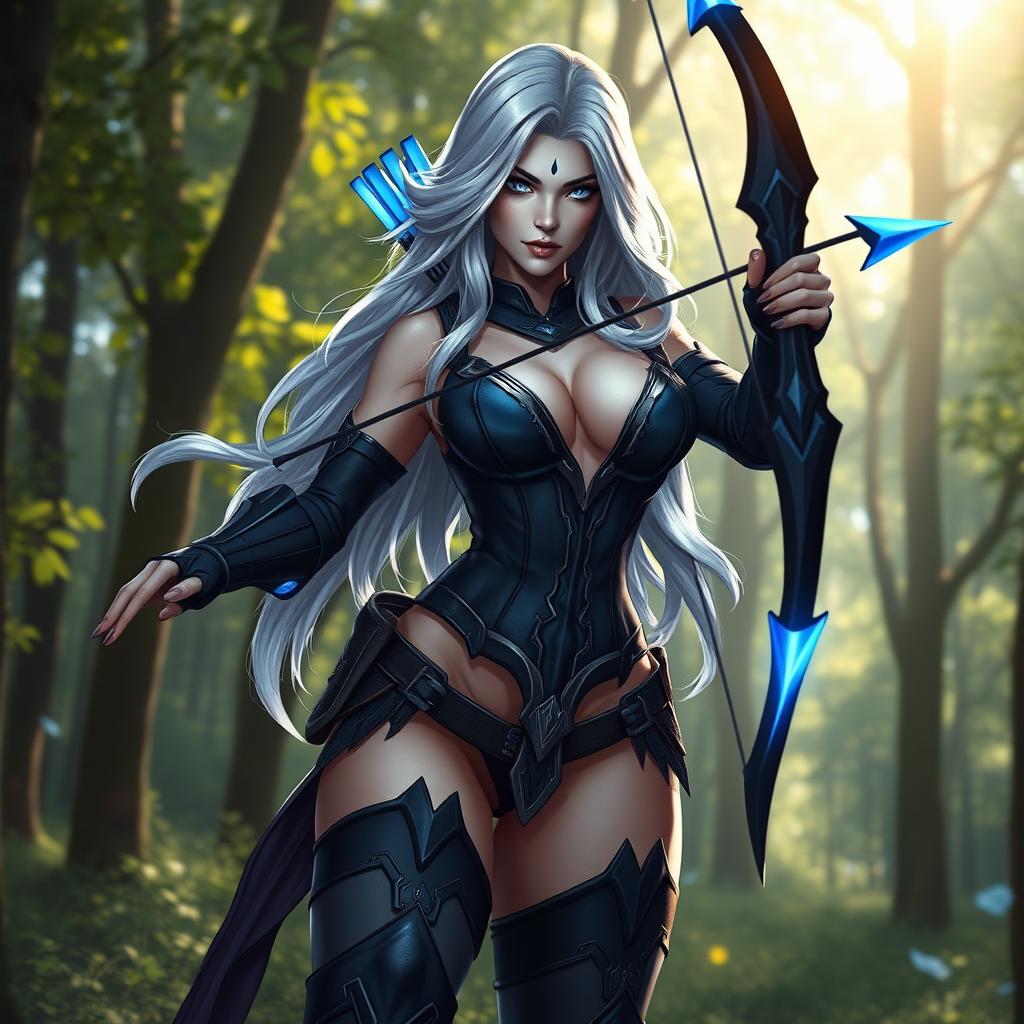 A fantasy female archer inspired by Drow Ranger from Dota 2, featuring long, flowing silver hair and piercing blue eyes