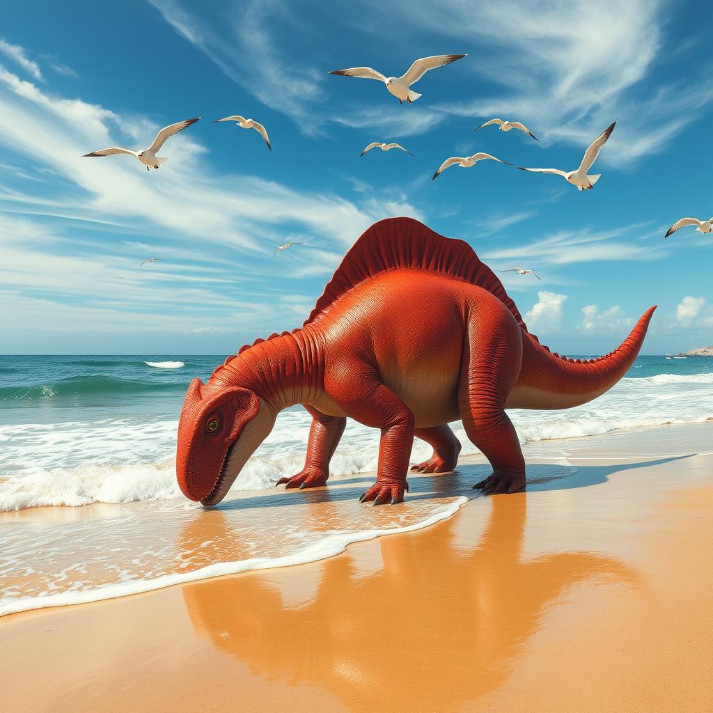 A majestic short red dinosaur, with a robust and plump body, peacefully drinking from a tranquil ocean