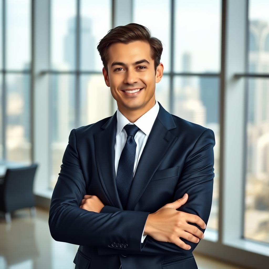 A professional business portrait featuring a confident individual in an elegant suit, standing with arms crossed in a modern office setting with large windows that let in natural light