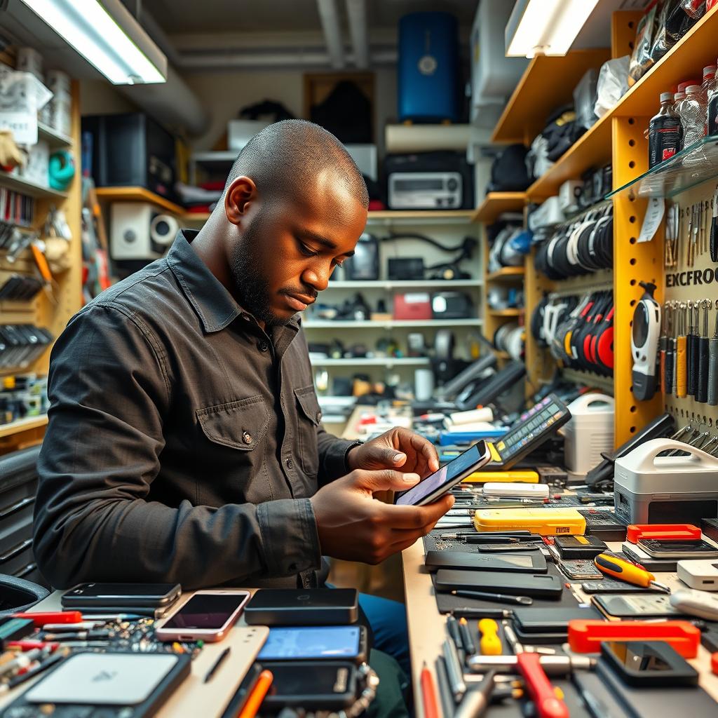 A bustling electronics repair shop specializing in mobile phone repairs, showcasing Edson as the skilled technician working attentively on a smartphone