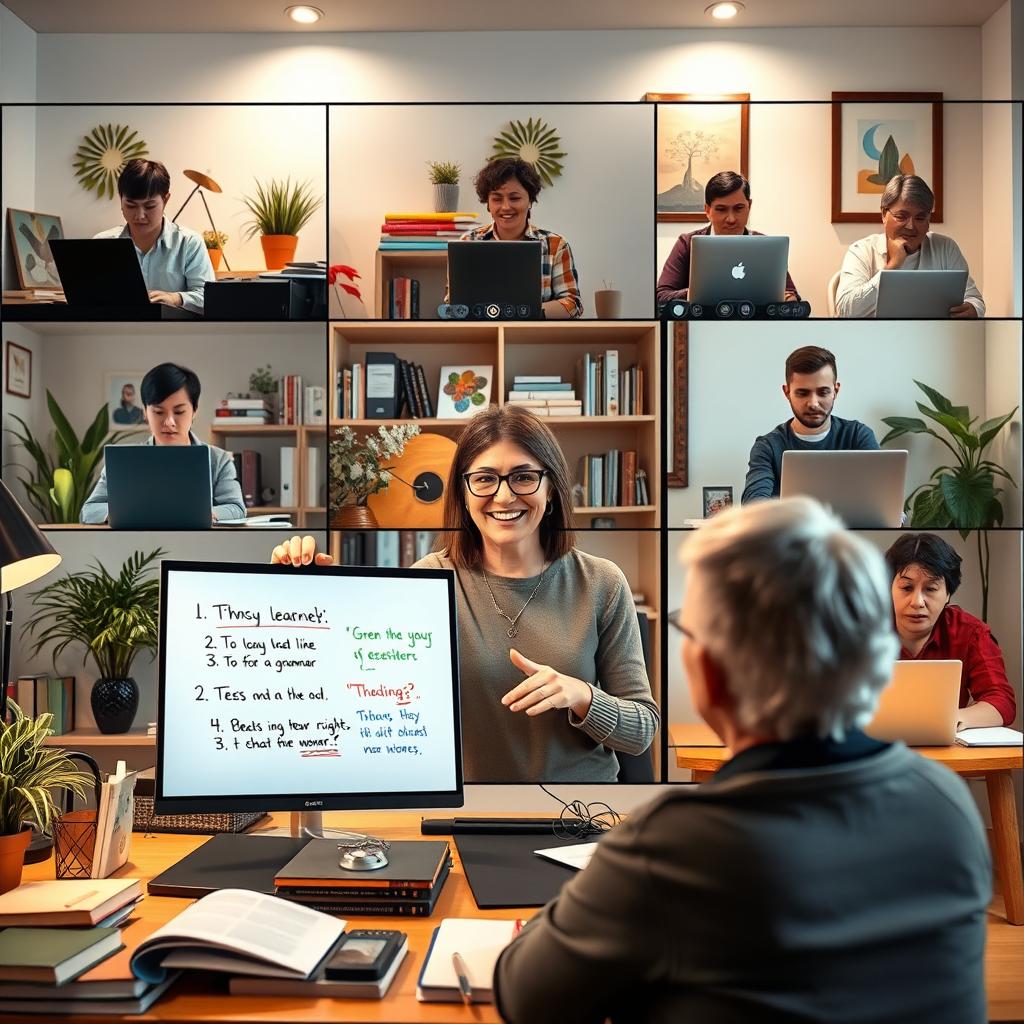 A vibrant online English class scene featuring a diverse group of adult learners engaging in an interactive video call