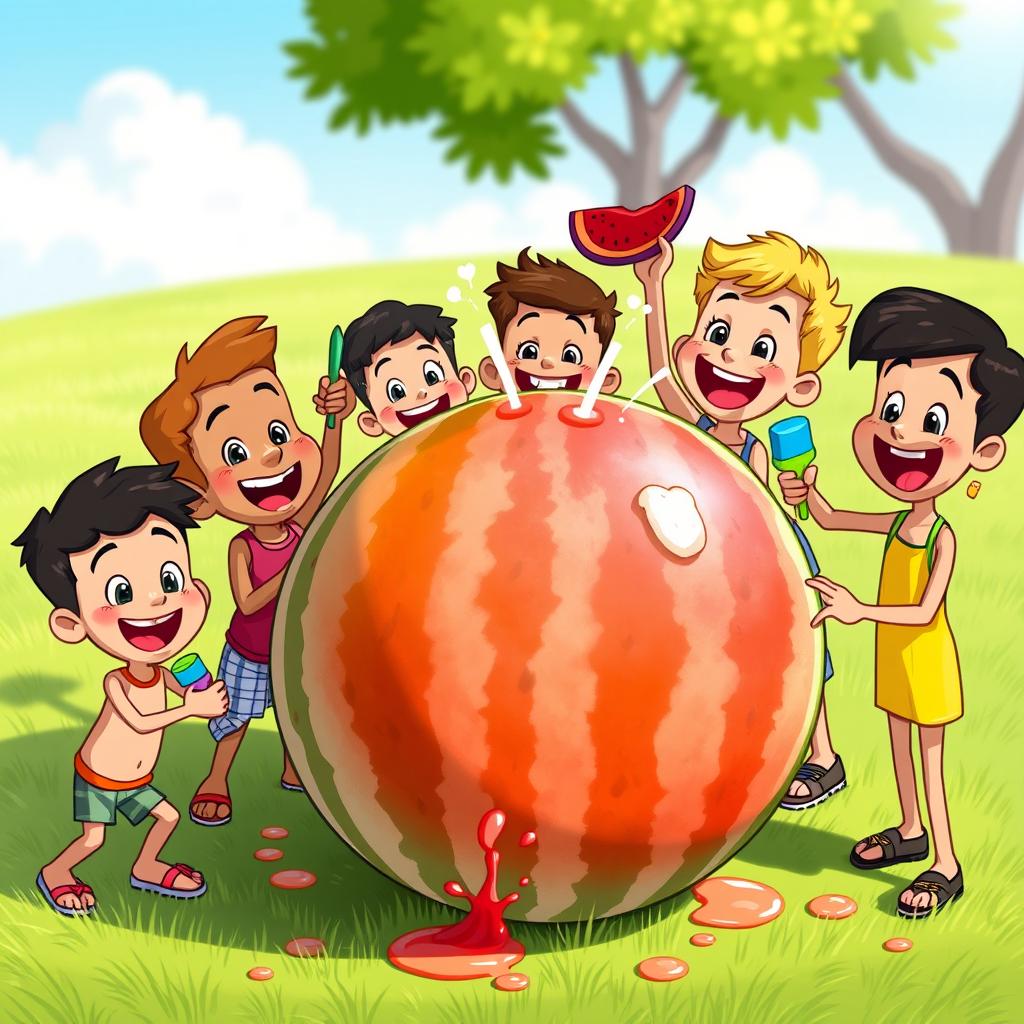 A group of cheerful cartoon characters, diverse in appearance, joyfully cleaning and preparing a large, ripe watermelon