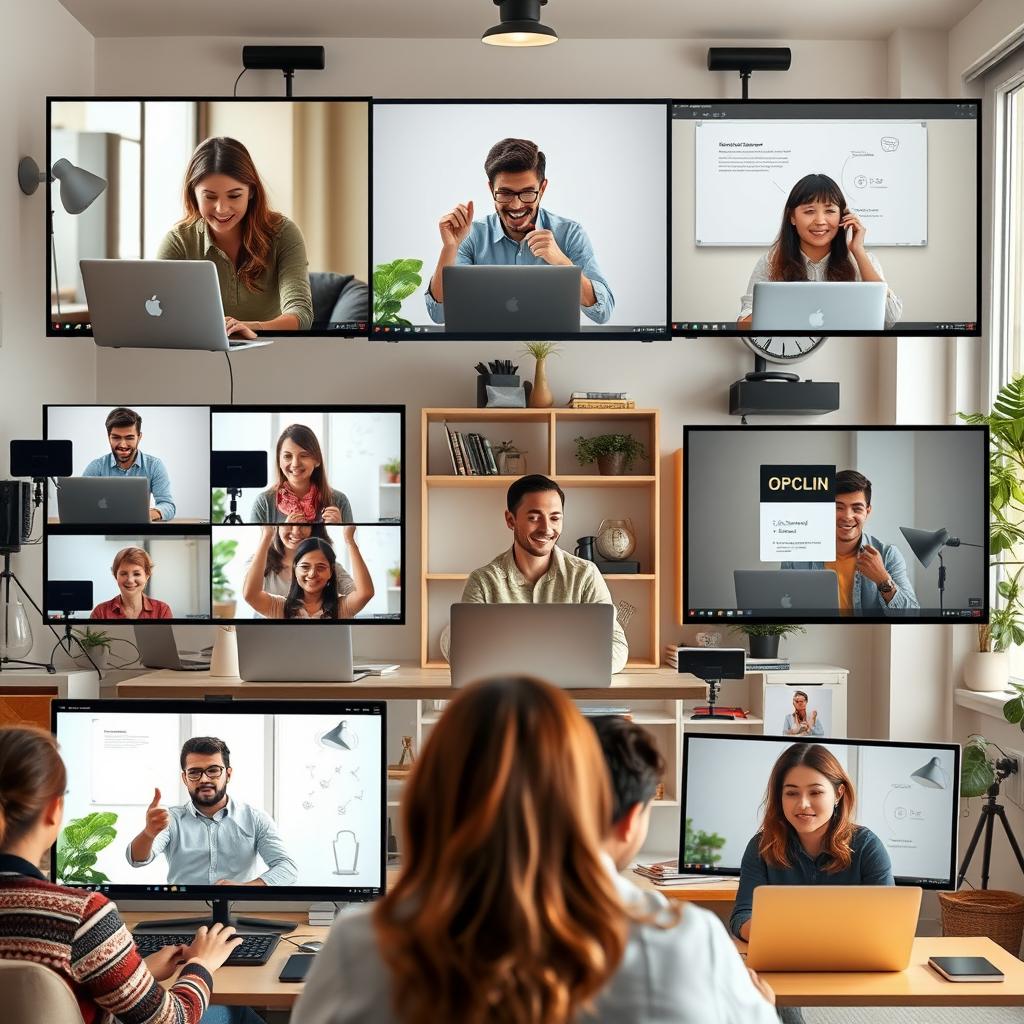 A dynamic online speaking class scene, with diverse students actively participating from home