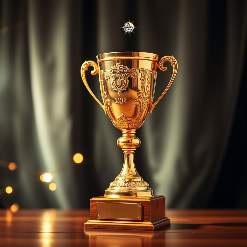 A stunningly detailed golden trophy, featuring intricate engravings and a sparkling jewel at the top, set against a luxurious velvet backdrop