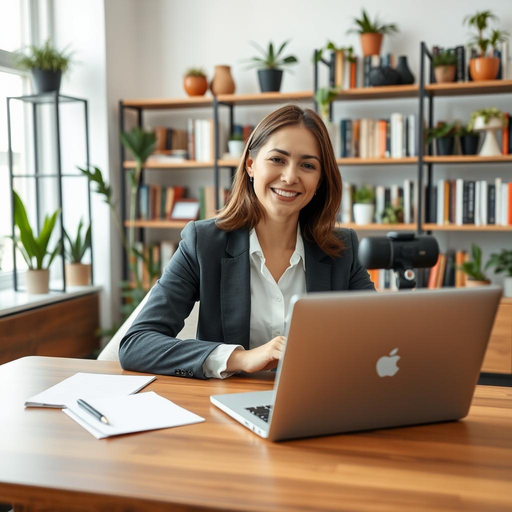 A woman engaging in an online speaking class, sitting at a modern desk with a laptop open in front of her