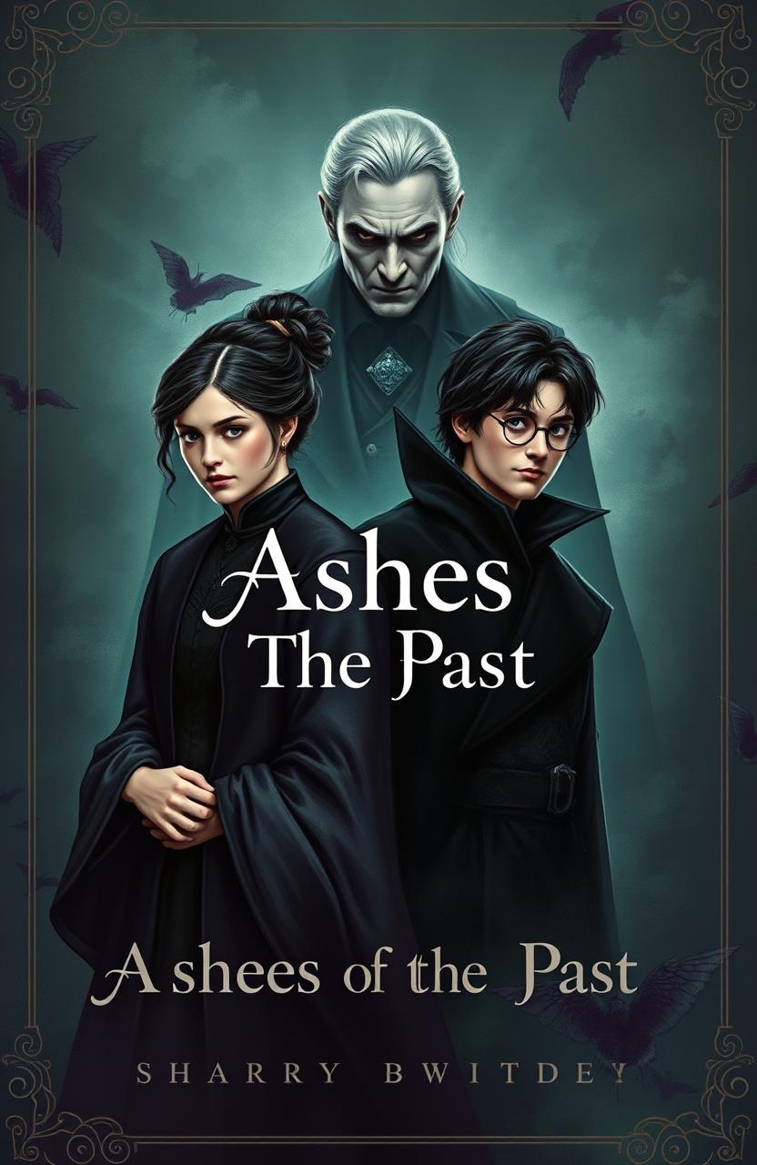 A captivating book cover design for "Ashes of The Past", inspired by the original Harry Potter book illustrations but featuring a darker, more mystical aesthetic reminiscent of Grindelwald
