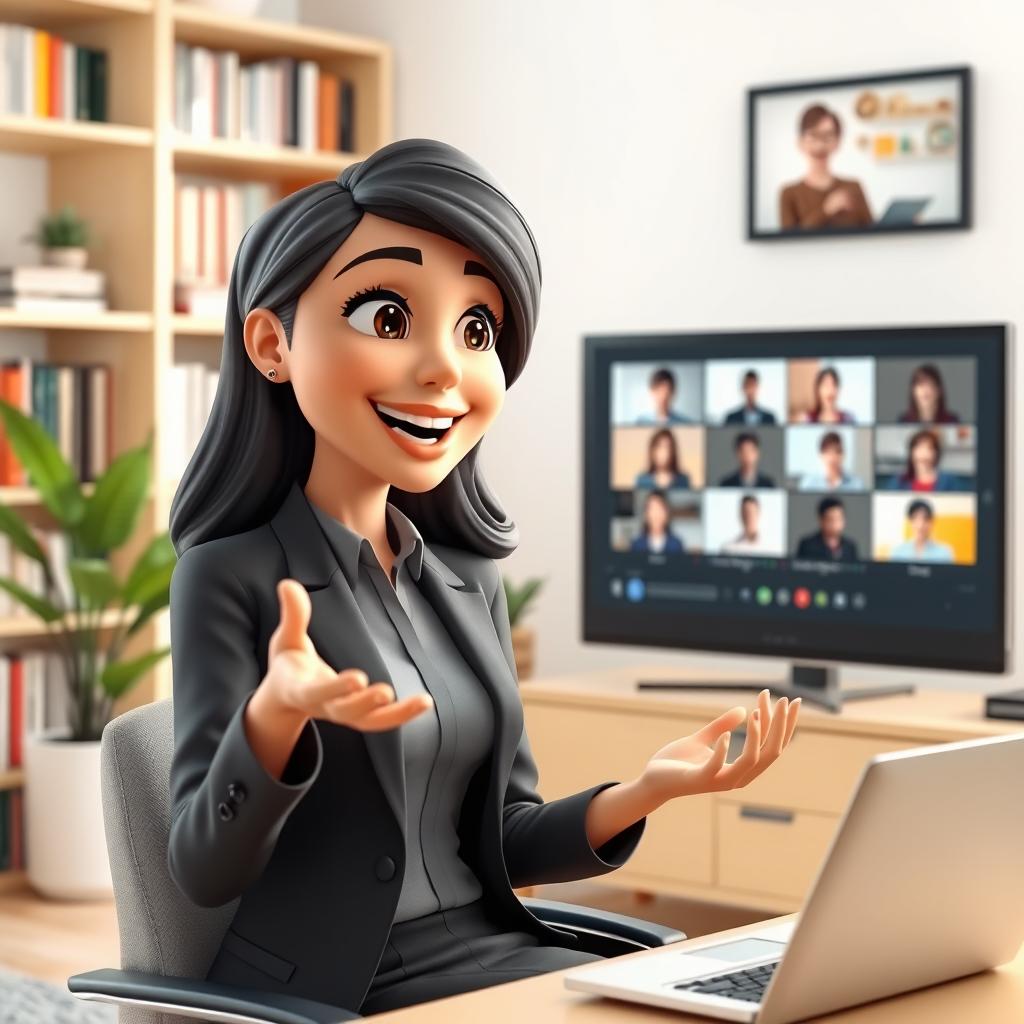 A 3D animated woman engaged in an online speaking class