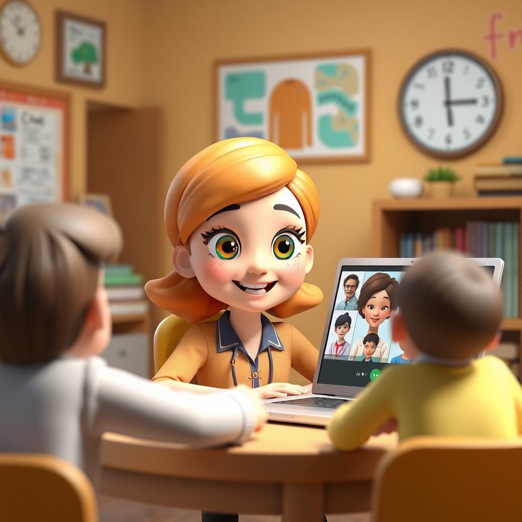 A 3D animated scene featuring a cute teacher conducting an online English speaking class