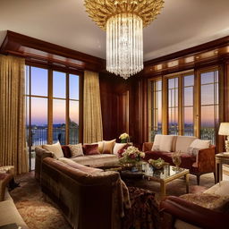 A luxurious living room with rich mahogany furniture, a grand crystal chandelier, elaborate gold accents, a sophisticated fireplace, priceless art on the walls, and floor-to-ceiling windows with stunning views.