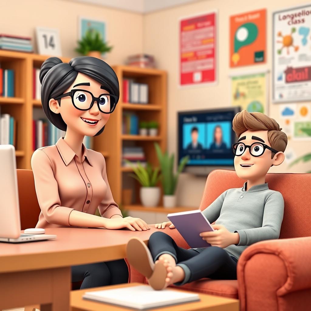 A vibrant and engaging 3D animated scene depicting a teacher with glasses and a friendly demeanor conducting an online English speaking class