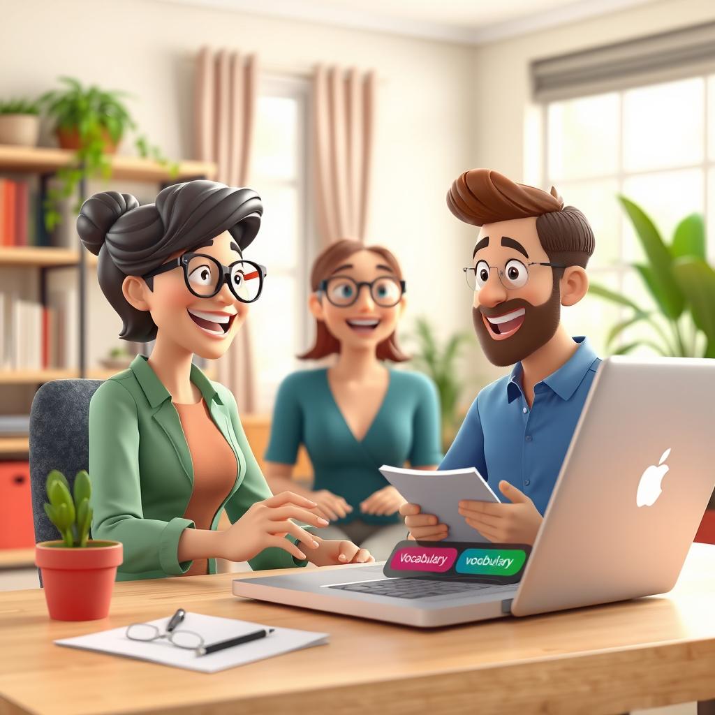 A 3D animated scene featuring a lively English teacher conducting an online speaking class on a laptop