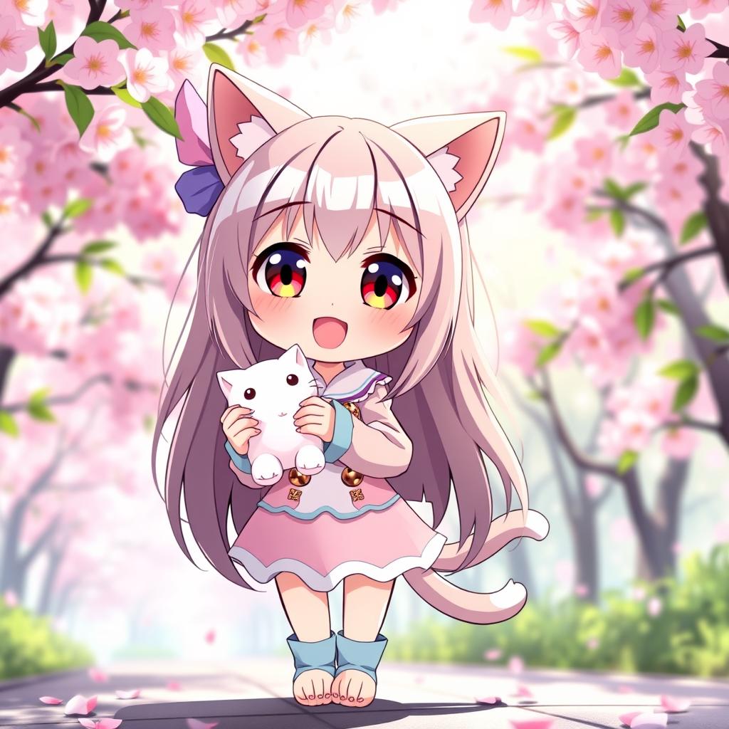 A cute anime cat girl with large expressive eyes and long flowing hair, wearing an adorable cat-themed outfit complete with ears and a tail