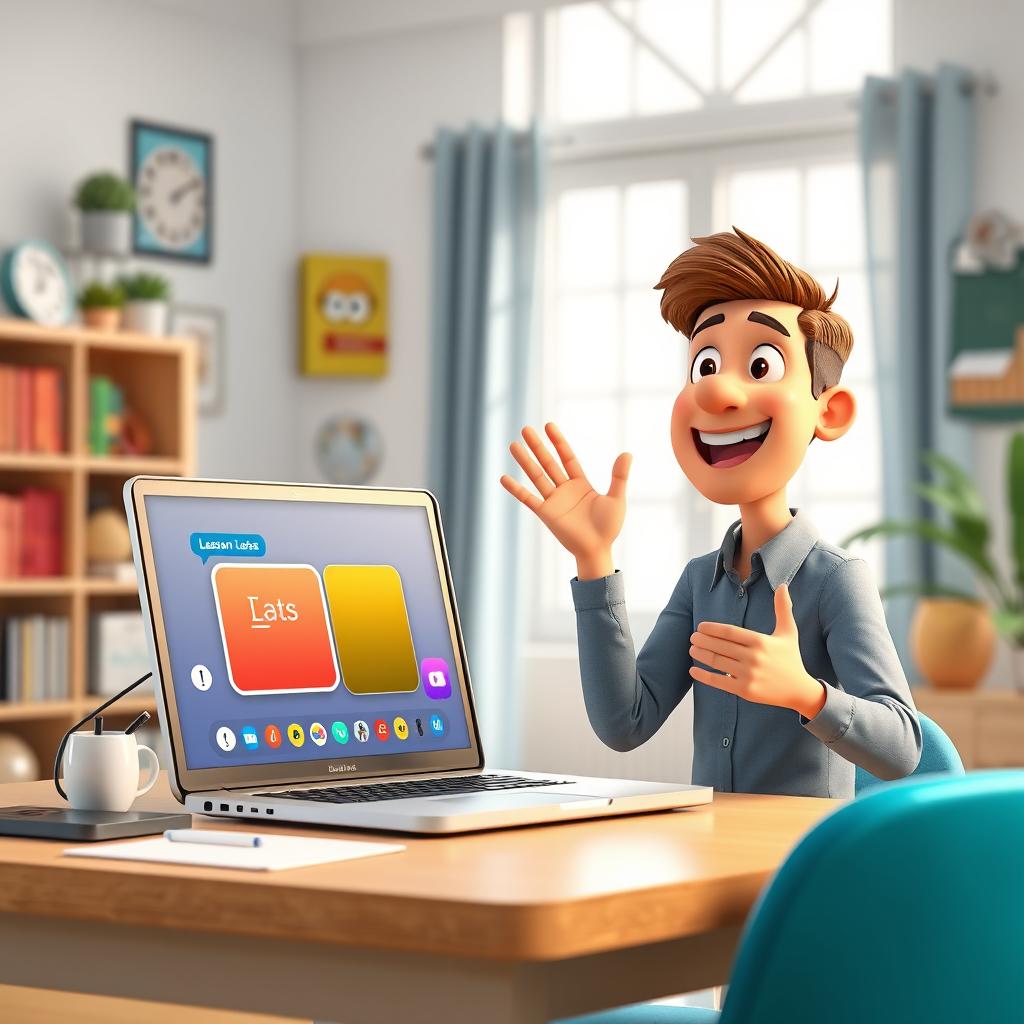 A 3D animated scene showcasing a professional English teacher delivering an engaging online speaking class via laptop