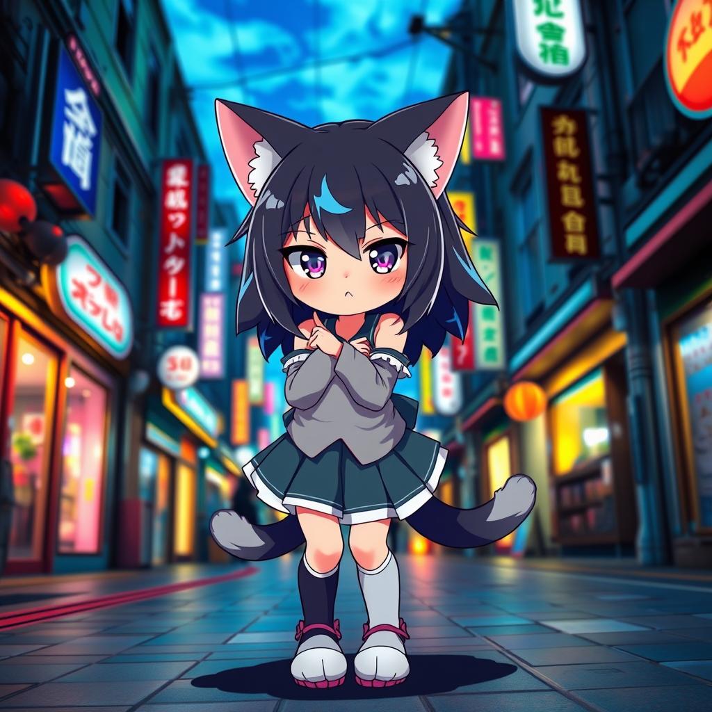 A dynamic portrayal of a cute anime cat girl standing in a vibrant city street at dusk