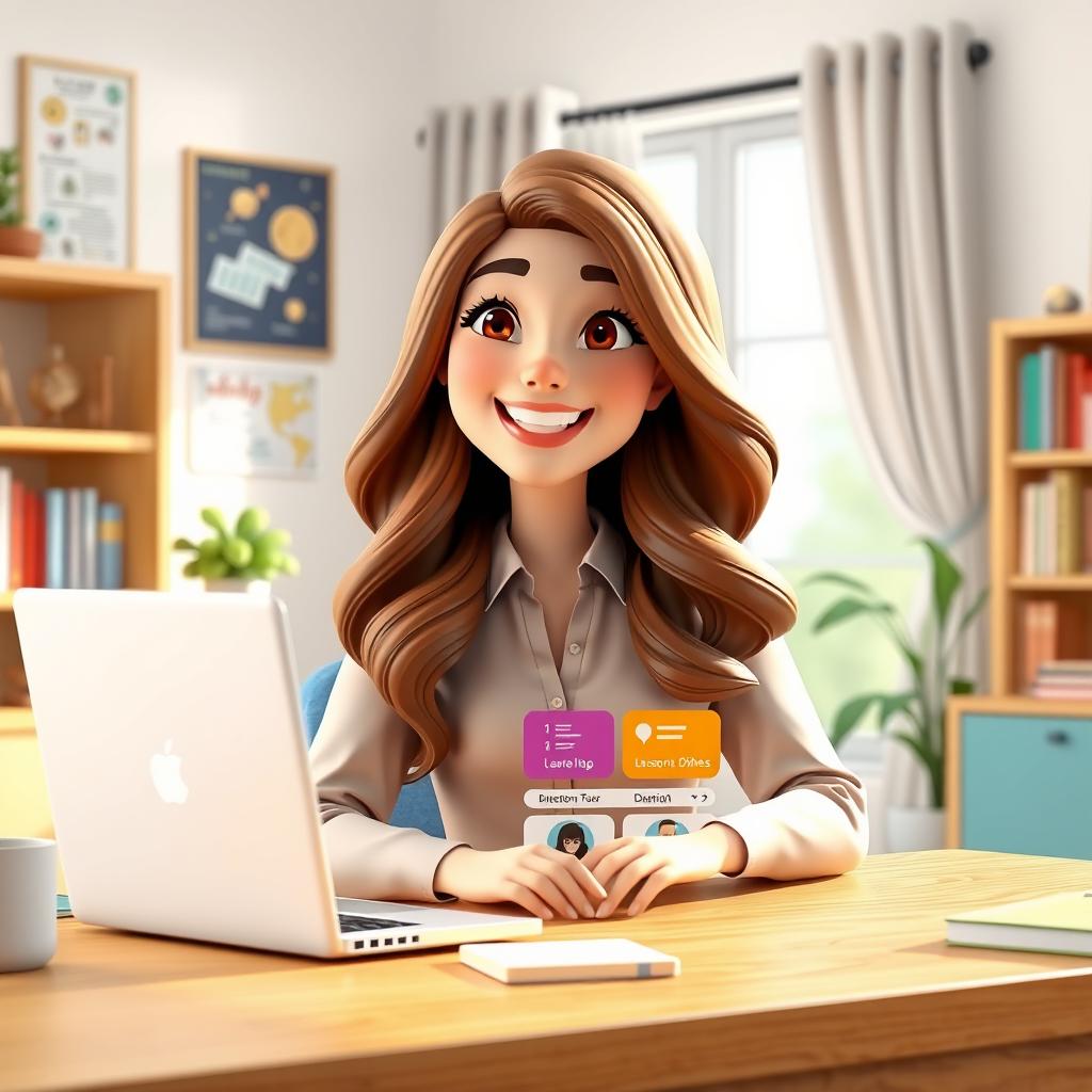 A vibrant 3D animated scene of a beautiful female English teacher conducting an online speaking class via laptop