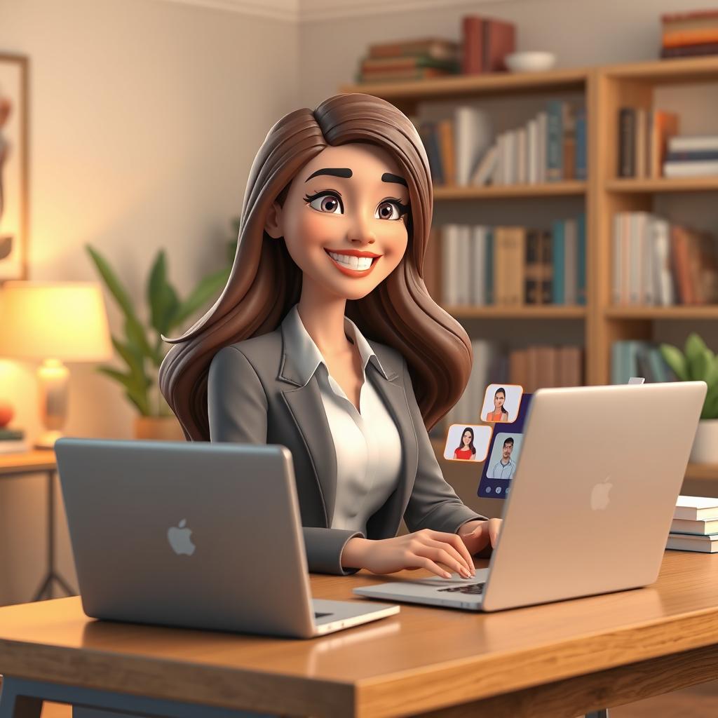 A 3D animated scene featuring a beautiful female teacher engaged in an online English speaking class