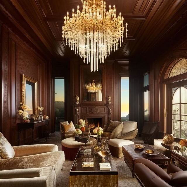 A luxurious living room with rich mahogany furniture, a grand crystal chandelier, elaborate gold accents, a sophisticated fireplace, priceless art on the walls, and floor-to-ceiling windows with stunning views.