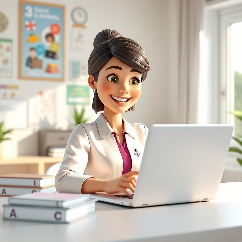 A 3D animated beautiful female teacher conducting an online English speaking class on her laptop