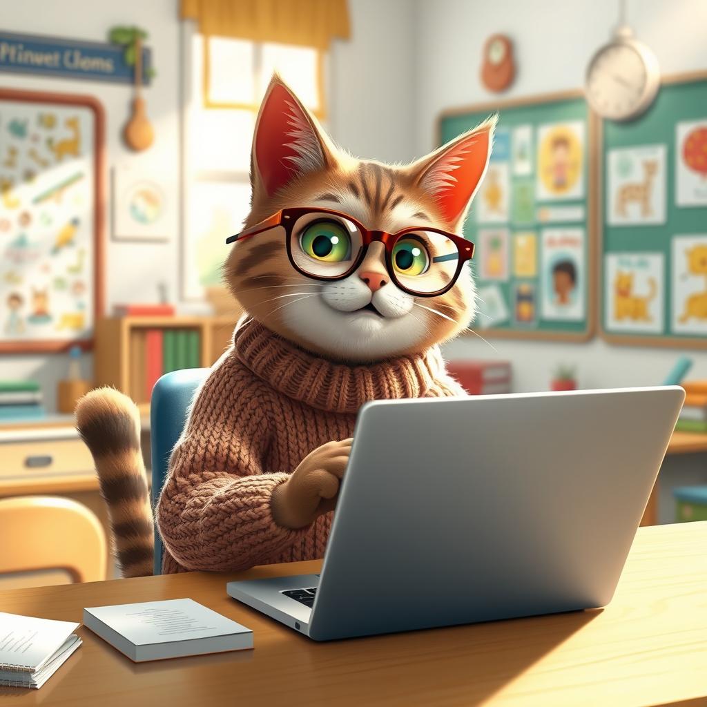 A whimsical scene featuring a charming anthropomorphic cat as an online teacher