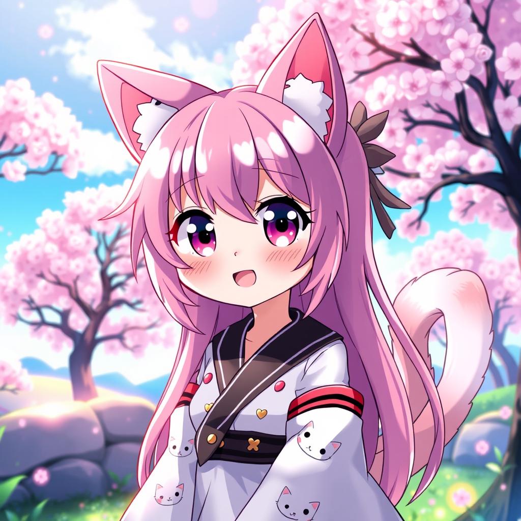 A charming anime cat girl character, featuring large expressive cat-like eyes, playful cat ears on top of her head, and a fluffy tail