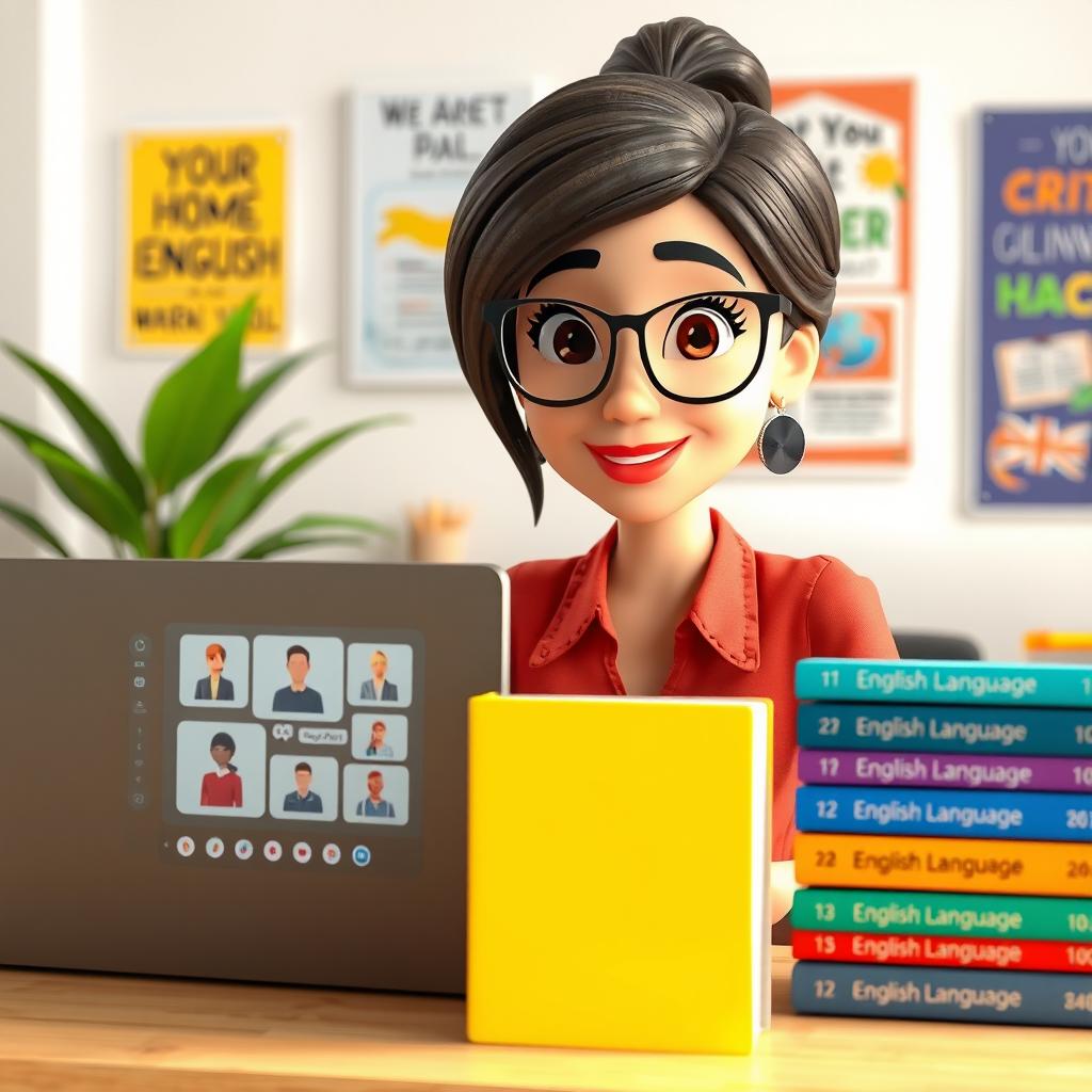 A stunning 3D animated female teacher conducting an online English speaking class, focusing on her engaging expression