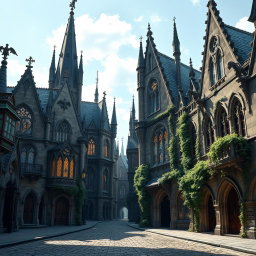 A magical city with Gothic architecture during the day, set in a Dungeons & Dragons atmosphere