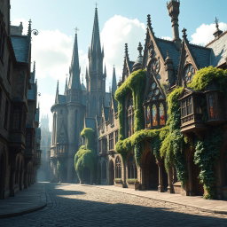 A magical city with Gothic architecture during the day, set in a Dungeons & Dragons atmosphere