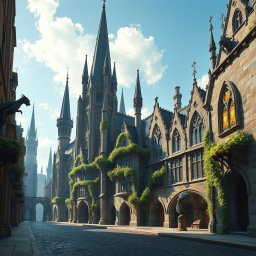 A magical city with Gothic architecture during the day, set in a Dungeons & Dragons atmosphere