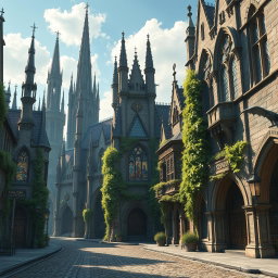 A magical city with Gothic architecture during the day, set in a Dungeons & Dragons atmosphere