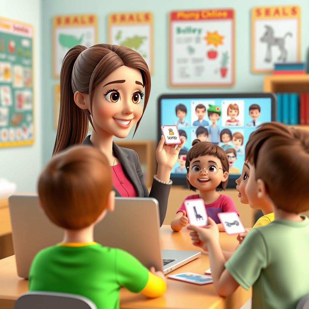 A vibrant, colorful 3D animation of a beautiful female teacher conducting an online English speaking class