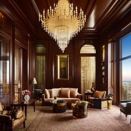 A luxurious living room with rich mahogany furniture, a grand crystal chandelier, elaborate gold accents, a sophisticated fireplace, priceless art on the walls, and floor-to-ceiling windows with stunning views.