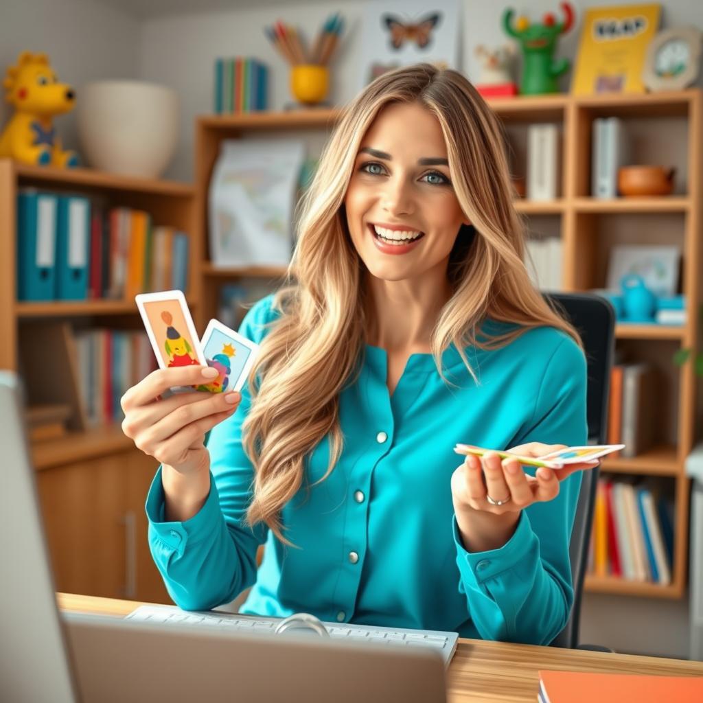 A beautiful female teacher in a vibrant online English class setting, engaging and animated, holding small flashcards and colorful toys in her hands