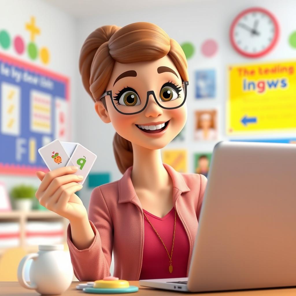 A beautiful teacher engaged in an online English class, featuring a vibrant and colorful virtual classroom