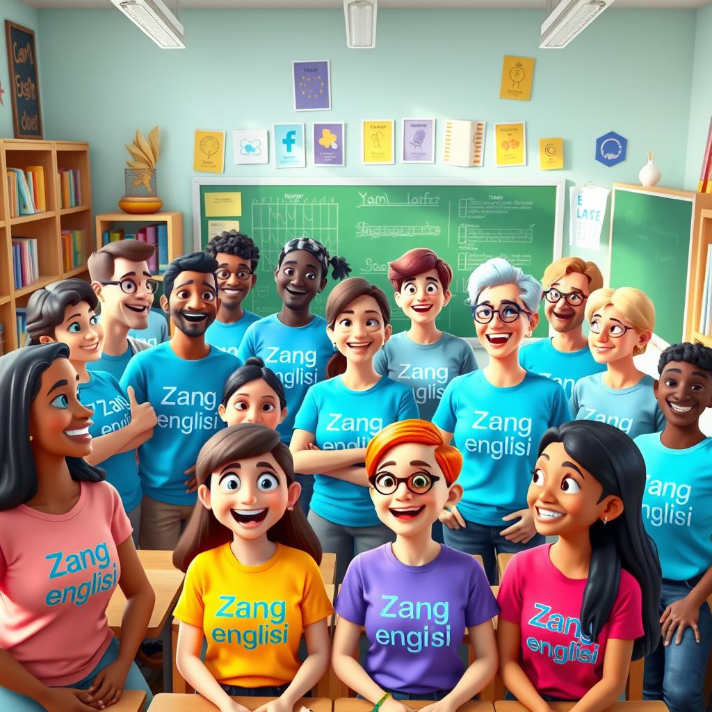 A vibrant 3D animated scene featuring a group of 15 English teachers, all smiling and engaged in a lively discussion