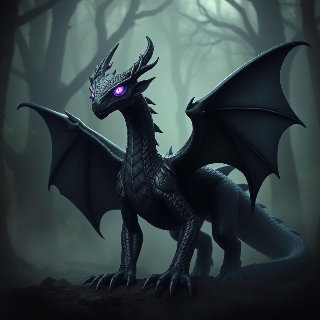 A menacing black shadow dragon wyrmling, showcasing its sleek scales that glisten in the dim light