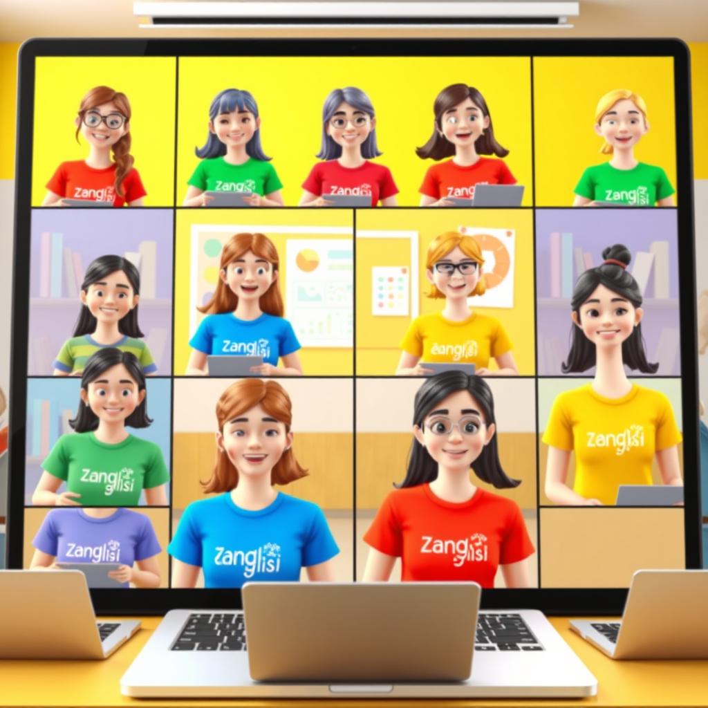 A vibrant 3D animation of a lively video call featuring 13 female teachers and 2 male teachers