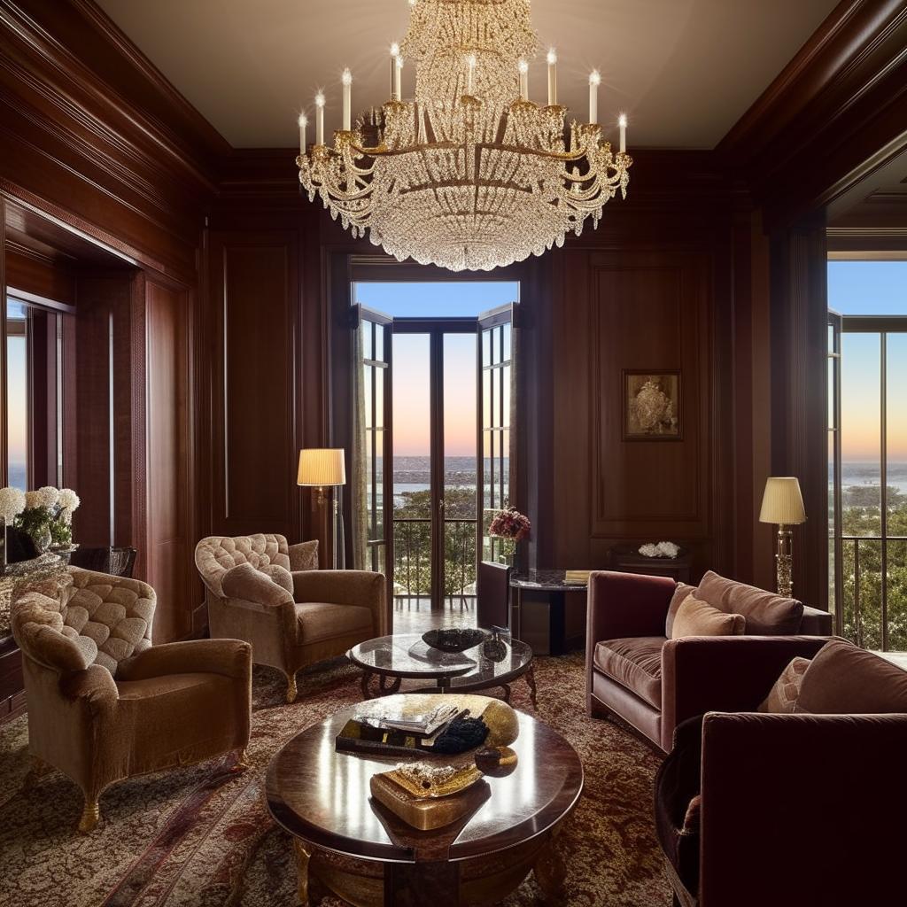 A luxurious living room with rich mahogany furniture, a grand crystal chandelier, elaborate gold accents, a sophisticated fireplace, priceless art on the walls, and floor-to-ceiling windows with stunning views.