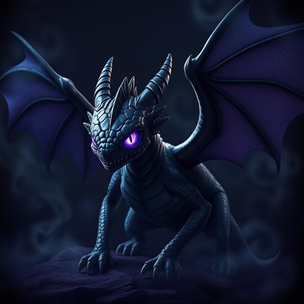 A fierce black shadow dragon wyrmling, showcasing its sleek scales that absorb light, creating a striking silhouette