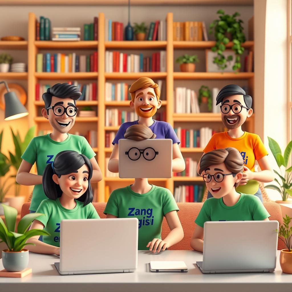 A vibrant 3D animated scene showing a group of adult English teachers engaged in a video call on their laptops