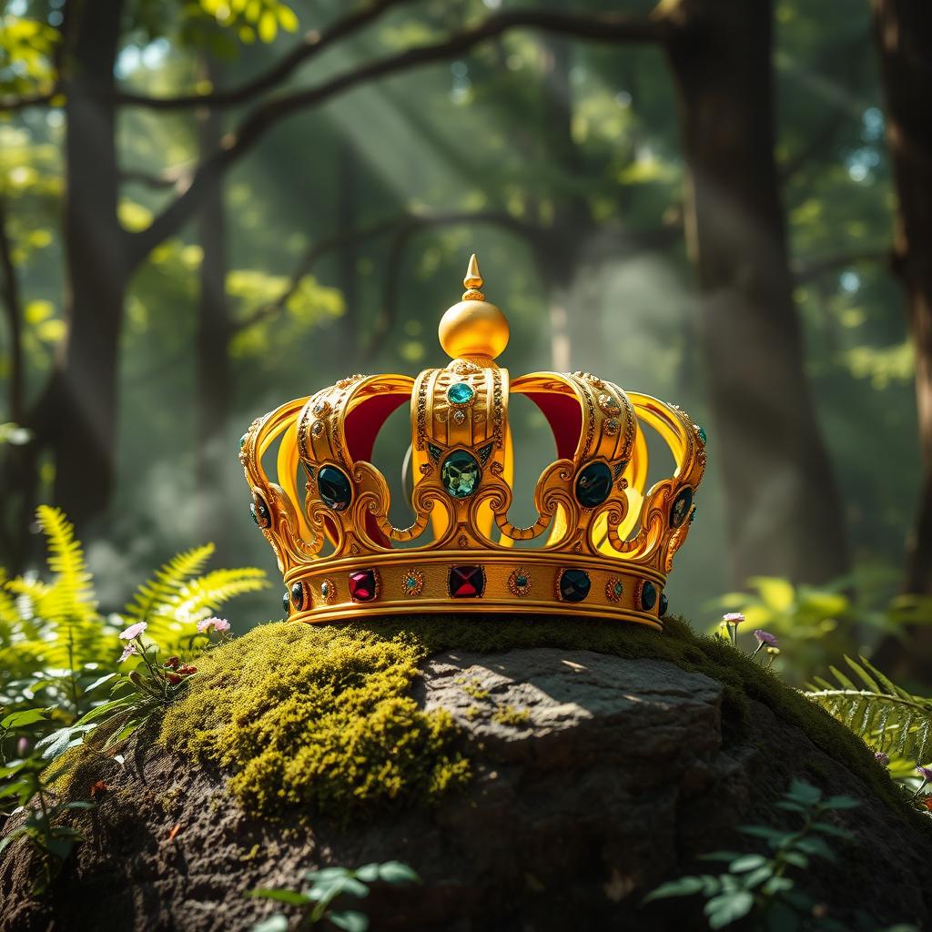 A majestic king's crown, intricately designed with gold and adorned with precious gemstones, resting on a mossy stone in a lush, vibrant forest