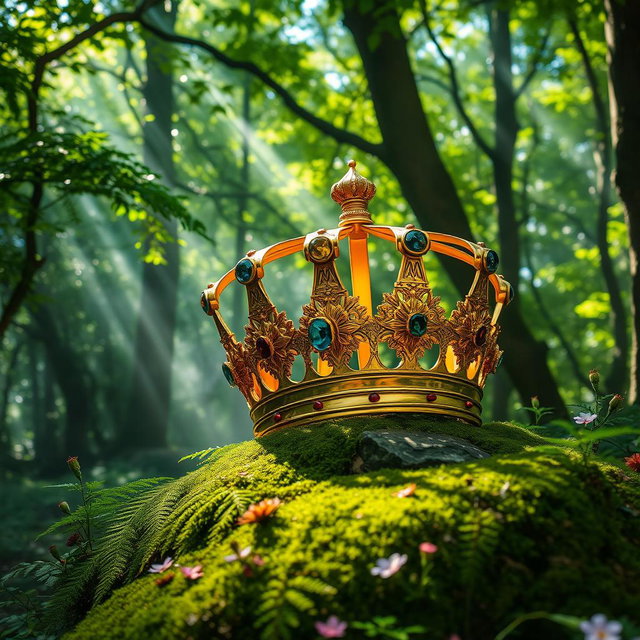 A majestic king's crown, intricately designed with gold and adorned with precious gemstones, resting on a mossy stone in a lush, vibrant forest