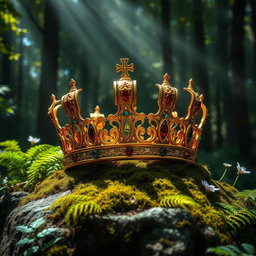 A majestic king's crown, intricately designed with gold and adorned with precious gemstones, resting on a mossy stone in a lush, vibrant forest
