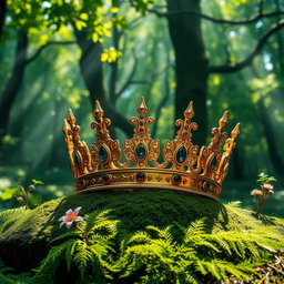 A majestic king's crown, intricately designed with gold and adorned with precious gemstones, resting on a mossy stone in a lush, vibrant forest