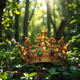 A regal and ornate king's crown resting amidst a lush green forest, surrounded by vibrant foliage and dappled sunlight filtering through the trees