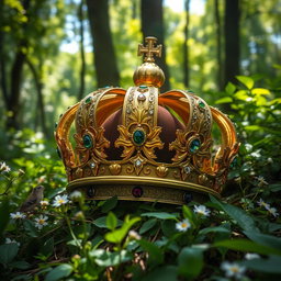 A regal and ornate king's crown resting amidst a lush green forest, surrounded by vibrant foliage and dappled sunlight filtering through the trees