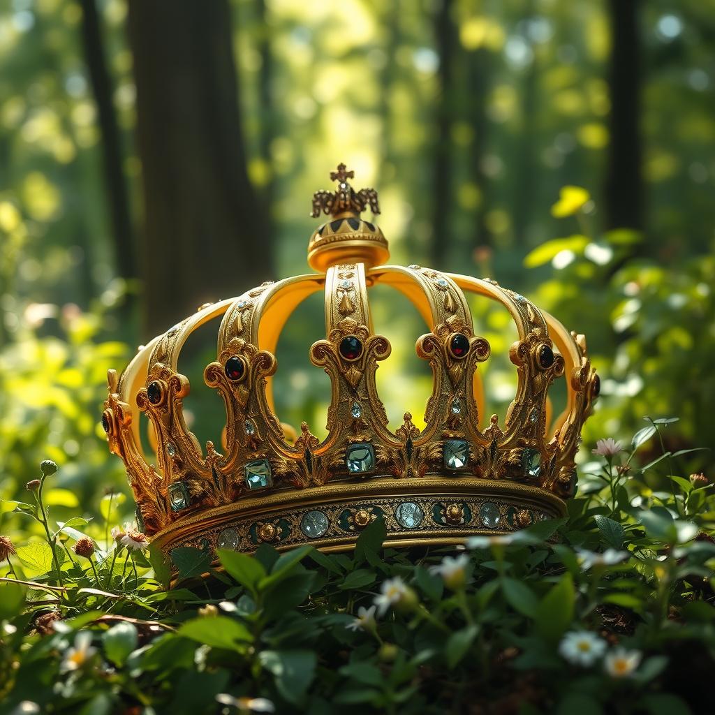 A regal and ornate king's crown resting amidst a lush green forest, surrounded by vibrant foliage and dappled sunlight filtering through the trees