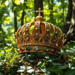 A regal and ornate king's crown resting amidst a lush green forest, surrounded by vibrant foliage and dappled sunlight filtering through the trees